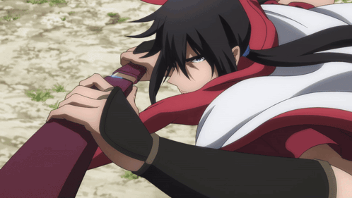 A Man With Long Black Hair Is Holding A Red And Black Object GIF