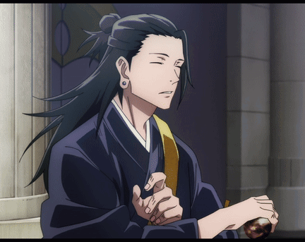 A Man With Long Black Hair Is Wearing A Kimono And Holding Something In His Hand GIF