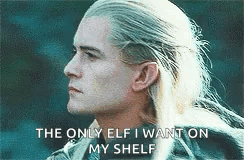 A Man With Long Blonde Hair Is Standing In Front Of A Blue Background And Says `` The Only Elf I Want On My Shelf '' . GIF