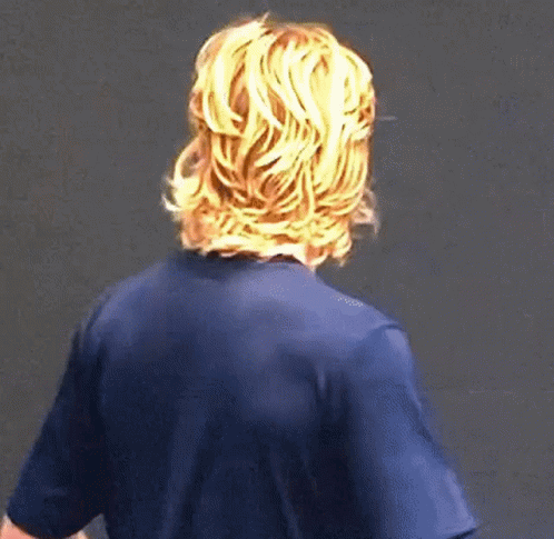A Man With Long Blonde Hair Is Wearing A Blue Shirt . GIF