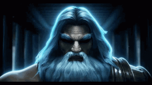 A Man With Long Blue Hair And A Beard Is Standing In A Dark Room GIF