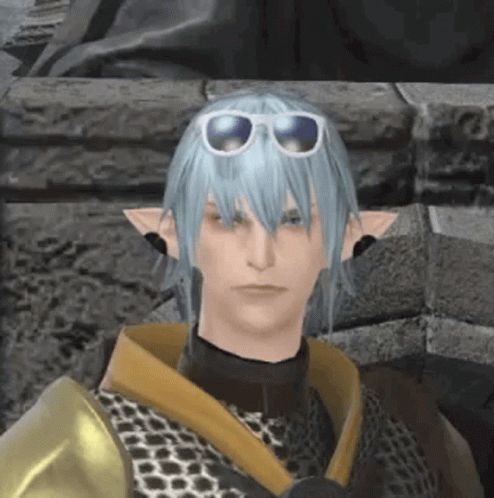 A Man With Long Blue Hair And Sunglasses On His Head . GIF