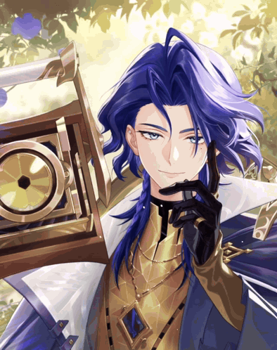 a man with long blue hair is holding a clock in his hand