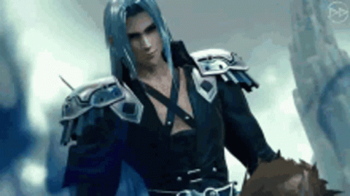 A Man With Long Blue Hair Is Standing Next To A Man In A Black Suit . GIF