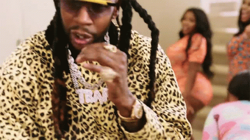 A Man With Long Dreadlocks Is Wearing A Leopard Print Jacket And A Hat . GIF