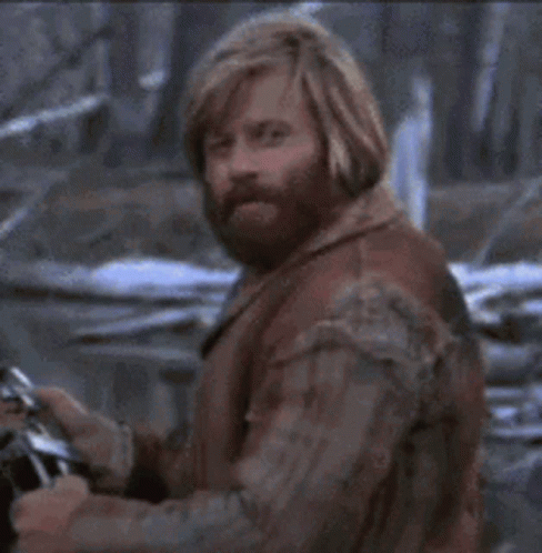 A Man With Long Hair And A Beard Is Looking At The Camera . GIF