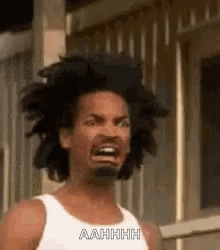 A Man With Long Hair And A Beard Is Making A Funny Face While Wearing A White Tank Top . GIF