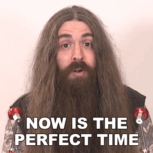 a man with long hair and a beard is saying " now is the perfect time "