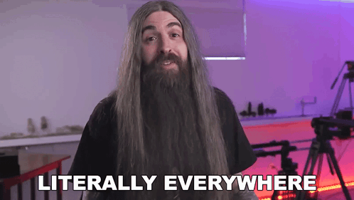 A Man With Long Hair And A Beard Is Standing In Front Of A Camera And Saying Literally Everywhere . GIF