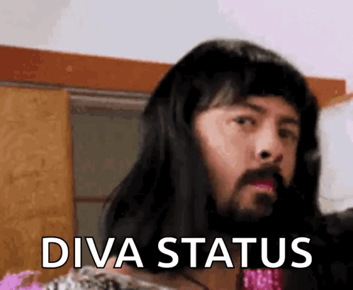 A Man With Long Hair And A Beard Is Wearing A Wig And Saying Diva Status GIF