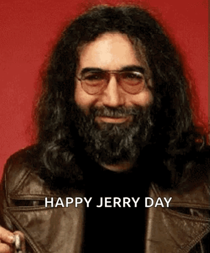 A Man With Long Hair And A Beard Is Wearing Glasses And A Leather Jacket With The Words Happy Jerry Day Below Him GIF