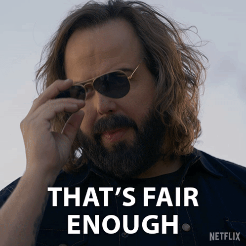 A Man With Long Hair And A Beard Is Wearing Sunglasses And Says " That 'S Fair Enough " GIF