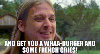 A Man With Long Hair And A Mustache Is Smiling And Says `` And Get You A Whaa-Burger And Some French Cries '' GIF