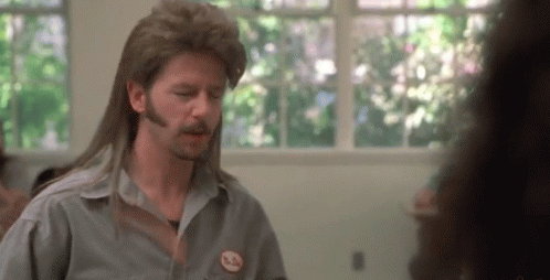 A Man With Long Hair And A Mustache Is Wearing A Mullet Wig And A Gray Shirt . GIF
