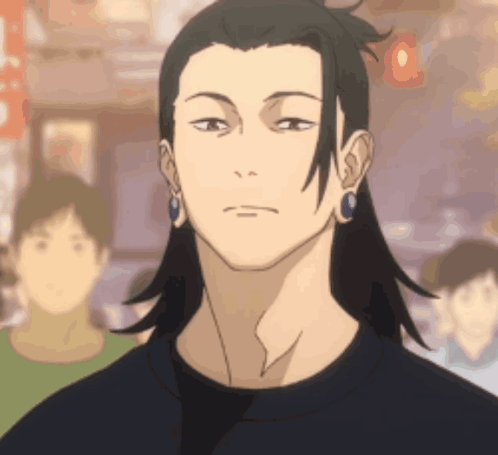 A Man With Long Hair And Earrings Is Wearing A Black Shirt And A Black Tie . GIF