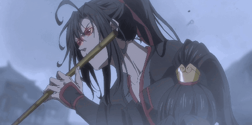 A Man With Long Hair Is Playing A Flute In A Cartoon GIF