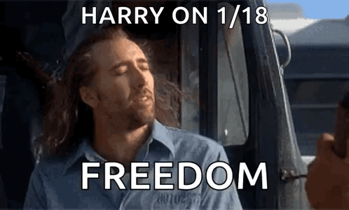 A Man With Long Hair Is Sitting In A Car With His Eyes Closed And A Caption That Says Harry On 1/18 Freedom GIF