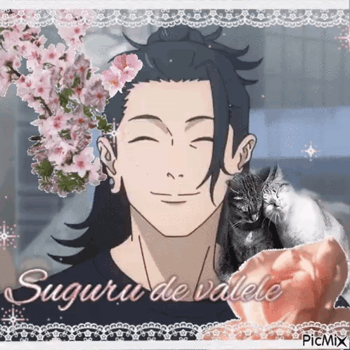 A Man With Long Hair Is Smiling And Holding A Cat In His Arms . GIF