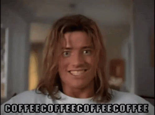 A Man With Long Hair Is Smiling With The Words Coffee Coffee Coffee Coffee Written Below Him GIF