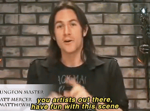 A Man With Long Hair Is Standing In Front Of A Brick Wall And Says " You Artists Out There , Have Fun With This Scene " GIF