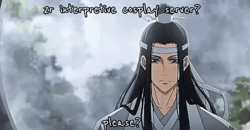 A Man With Long Hair Is Standing In Front Of A Cloudy Sky With The Words " Zr Interpretive Cosplay Server Please " Below GIF