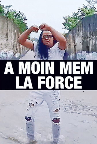 A Man With Long Hair Is Standing In The Water With The Words A Moin Mem La Force GIF
