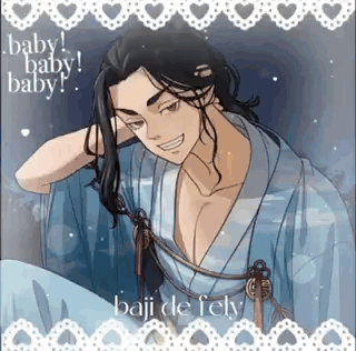 A Man With Long Hair Is Wearing A Blue Kimono And Smiling With His Hand On His Head . GIF