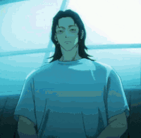 A Man With Long Hair Is Wearing A Blue T-Shirt And Standing In Front Of A Window . GIF