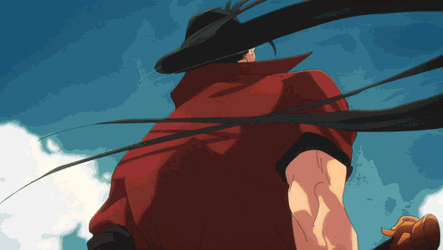 A Man With Long Hair Wearing A Red Vest And A Hat GIF