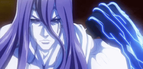 A Man With Long Purple Hair Has A Blue Lightning Bolt In His Hand GIF