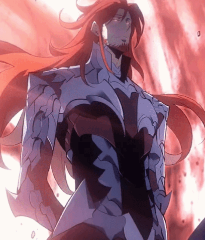 a man with long red hair and a beard is wearing a blue armor