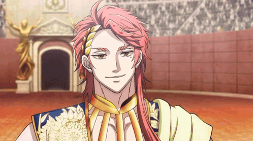 A Man With Long Red Hair Is Smiling In Front Of A Building GIF