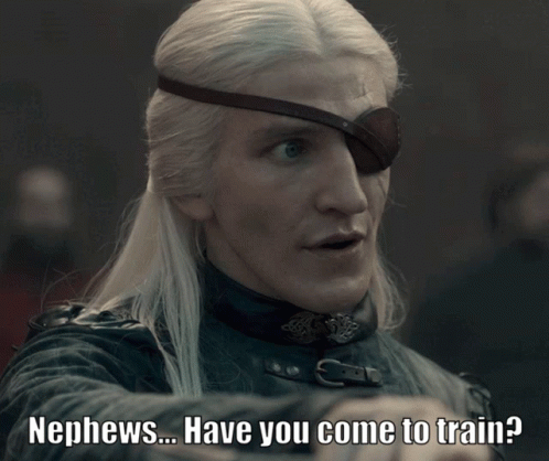 A Man With Long White Hair And An Eye Patch Says Nephews Have You Come To Train GIF