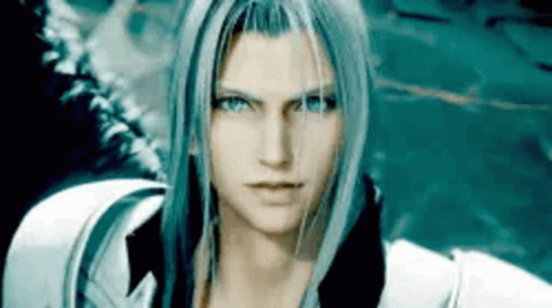 A Man With Long White Hair And Blue Eyes Is Looking At The Camera In A Video Game . GIF