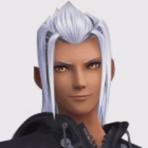 A Man With Long White Hair And Brown Eyes Is Wearing A Black Jacket And Smiling . GIF