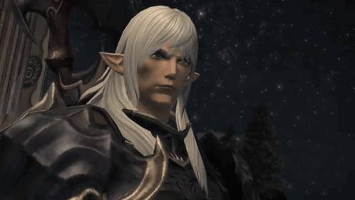 A Man With Long White Hair And Ears Is Standing In The Dark GIF