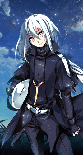 A Man With Long White Hair Is Holding A White Clock GIF