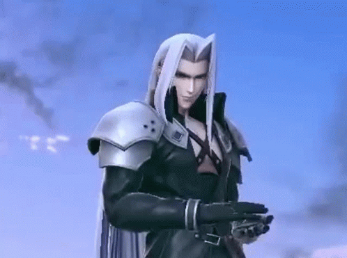 A Man With Long White Hair Is Standing In Front Of A Blue Sky Holding A Sword . GIF