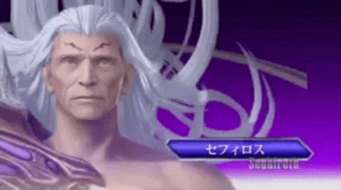 A Man With Long White Hair Is Standing In Front Of A Purple Background And A Sign That Says Sephiroth GIF