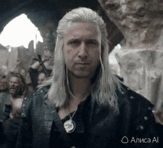 A Man With Long White Hair Is Wearing A Black Leather Jacket And A Necklace . GIF