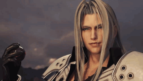 A Man With Long White Hair Is Wearing Armor And Holding A Red Object . GIF