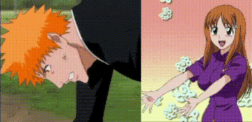 a man with orange hair and a woman in a purple dress