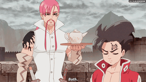 A Man With Pink Hair Holds A Teapot On A Tray Next To Another Man With Black Hair GIF