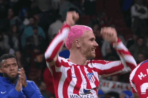 A Man With Pink Hair Is Wearing A Red And White Striped Shirt That Says Whale Fin GIF