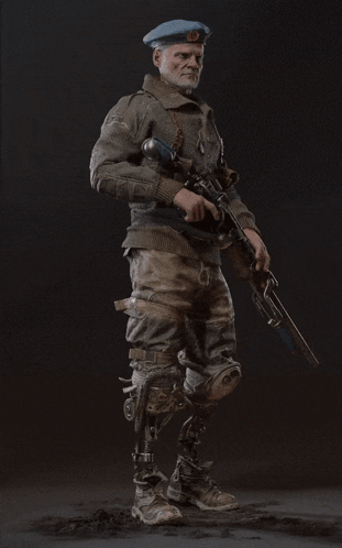 A Man With Prosthetic Legs Is Holding A Sniper Rifle GIF