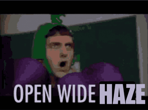 A Man With Purple Boxing Gloves And The Words Open Wide Haze Below Him GIF