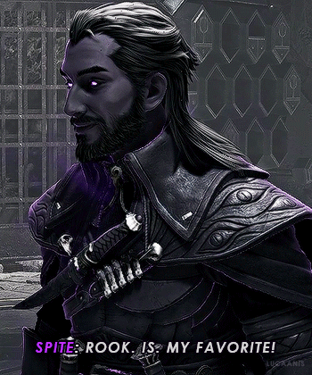 A Man With Purple Eyes And A Beard Is Wearing A Purple Armor And Says Spite Rook Is My Favorite . GIF