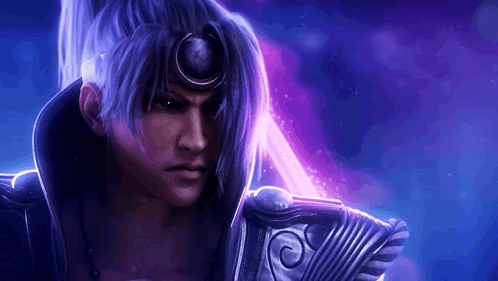 A Man With Purple Hair And A Purple Background Is Holding A Sword GIF