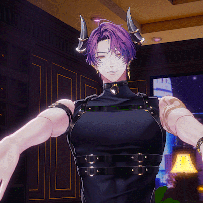 A Man With Purple Hair And Horns Stands In A Room GIF