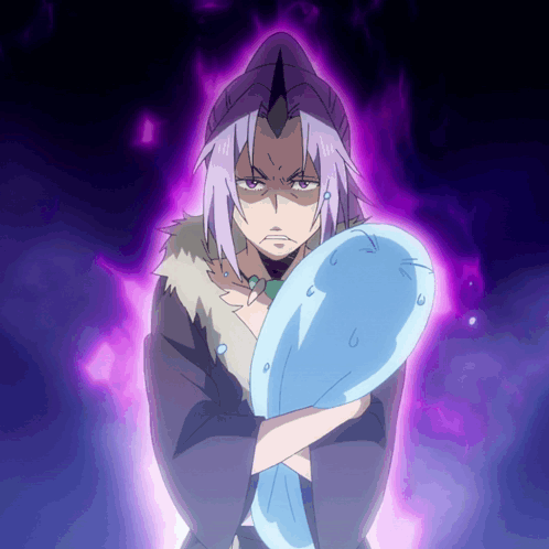 A Man With Purple Hair Is Holding A Blue Item GIF
